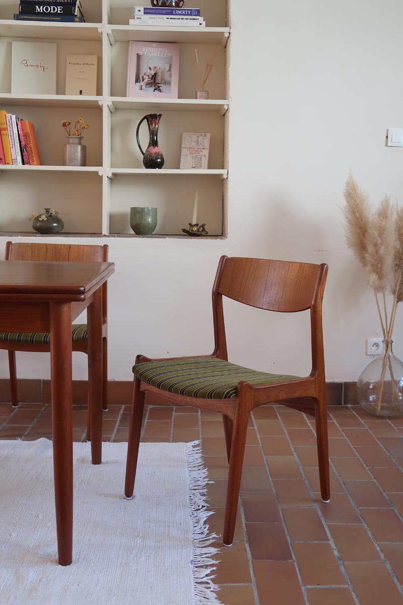 4 chaises erik buch P E Jorgensen Farso Stolefabrik roche bobois mid-century teck vert vintage danois danemark