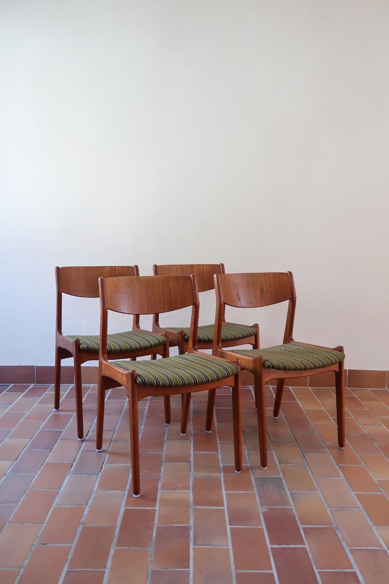 4 chaises erik buch P E Jorgensen Farso Stolefabrik roche bobois mid-century teck vert vintage danois danemark