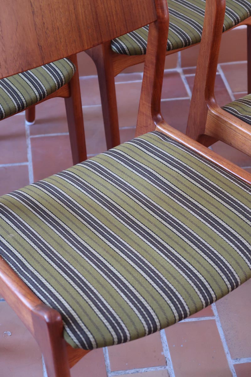 4 chaises erik buch P E Jorgensen Farso Stolefabrik roche bobois mid-century teck vert vintage danois danemark