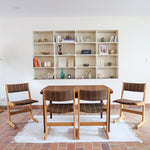 4 chaises scandinaves Farstrup en hêtre clair avec assise et dossier en tissu brun rayé, design danois années 70.