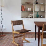 4 chaises scandinaves Farstrup en hêtre clair avec assise et dossier en tissu brun rayé, design danois années 70.