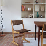 4 chaises scandinaves Farstrup en hêtre clair avec assise et dossier en tissu brun rayé, design danois années 70.