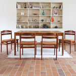 Lot de 4 chaises scandinaves en teck années 60 avec assises retapissées tissu terracotta