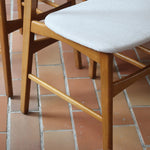 Six chaises scandinaves en hêtre et dossier teck, fabrication danoise des années 60, retapissées en bouclette écrue.