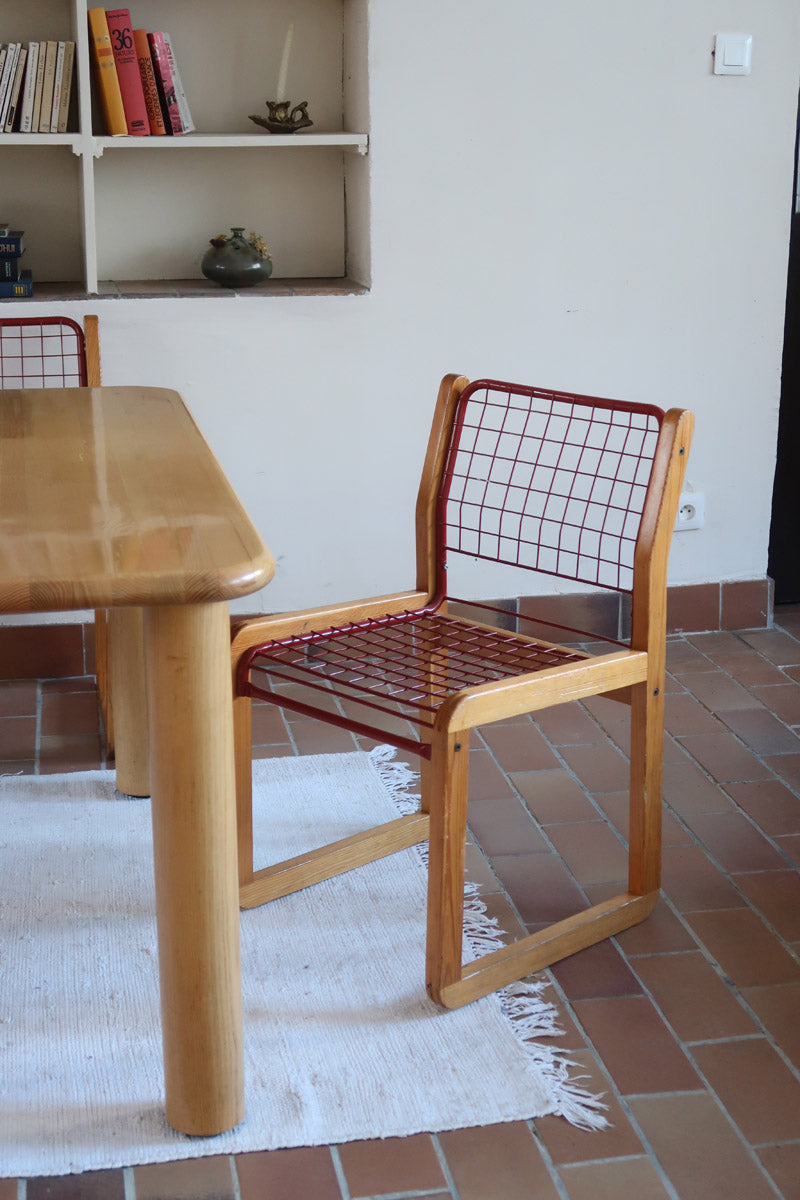 Quatre chaises Sälen par Knut Hagberg pour IKEA, structure en pin massif et treillis métallique laqué, design scandinave des années 1980.