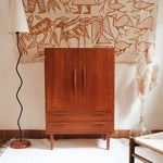 Armoire vintage en bois des années 60 avec deux portes, deux tiroirs, poignées sculptées et pieds compas.