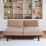 Banquette convertible vintage années 50-60, bâti bois, supports de dossier tube chromé cintré, velours taupe, tiroir de rangement