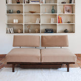 Banquette convertible vintage années 50-60, bâti bois, supports de dossier tube chromé cintré, velours taupe, tiroir de rangement