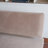 Banquette convertible vintage années 50-60, bâti bois, supports de dossier tube chromé cintré, velours taupe, tiroir de rangement