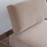 Banquette convertible vintage années 50-60, bâti bois, supports de dossier tube chromé cintré, velours taupe, tiroir de rangement