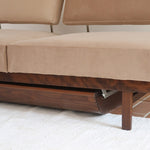 Banquette convertible vintage années 50-60, bâti bois, supports de dossier tube chromé cintré, velours taupe, tiroir de rangement