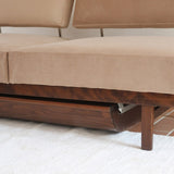 Banquette convertible vintage années 50-60, bâti bois, supports de dossier tube chromé cintré, velours taupe, tiroir de rangement