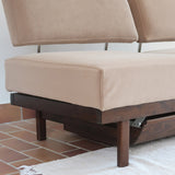 Banquette convertible vintage années 50-60, bâti bois, supports de dossier tube chromé cintré, velours taupe, tiroir de rangement