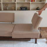 Banquette convertible vintage années 50-60, bâti bois, supports de dossier tube chromé cintré, velours taupe, tiroir de rangement