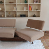Banquette convertible vintage années 50-60, bâti bois, supports de dossier tube chromé cintré, velours taupe, tiroir de rangement
