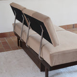 Banquette convertible vintage années 50-60, bâti bois, supports de dossier tube chromé cintré, velours taupe, tiroir de rangement