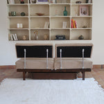 Banquette convertible vintage années 50-60, bâti bois, supports de dossier tube chromé cintré, velours taupe, tiroir de rangement