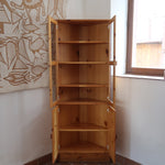 Bibliothèque vitrée vintage en pin massif, deux portes vitrées sur quatre niveaux d'étagères réglables, deux portes pleines à panneaux en partie basse, style rustique montagne esprit Maison Regain