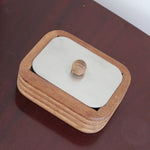 Boîte à condiments scandinave teck cannelé années 60, angles arrondis, cinq cannelures horizontales, couvercle inox amovible bouton bois sphérique, danois