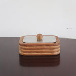 Boîte à condiments scandinave teck cannelé années 60, angles arrondis, cinq cannelures horizontales, couvercle inox amovible bouton bois sphérique, danois
