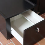 Duo de caissons vintage Roche Bobois années 90, bois laqué noir, module haut à abattant et module cube à porte, poignées chromées encastrées, intérieur laqué blanc