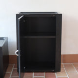 Duo de caissons vintage Roche Bobois années 90, bois laqué noir, module haut à abattant et module cube à porte, poignées chromées encastrées, intérieur laqué blanc