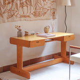 Bureau scandinave en bois blond signé Derk Jan de Vries, années 70, avec caisson suspendu et lignes minimalistes.