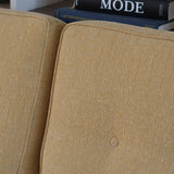 Canapé 3 places scandinave en teck des années 60 avec coussins en tissu jaune moutarde et structure type banquette.