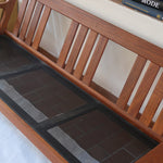 Canapé 3 places scandinave en teck des années 60 avec coussins en tissu jaune moutarde et structure type banquette.