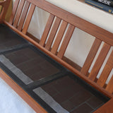 Canapé 3 places scandinave en teck des années 60 avec coussins en tissu jaune moutarde et structure type banquette.