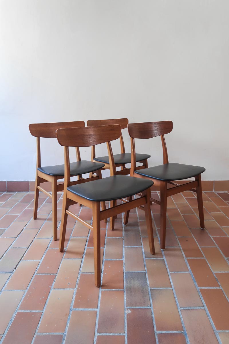 chaise farstrup scandinave vintage teck assise noire  ensemble