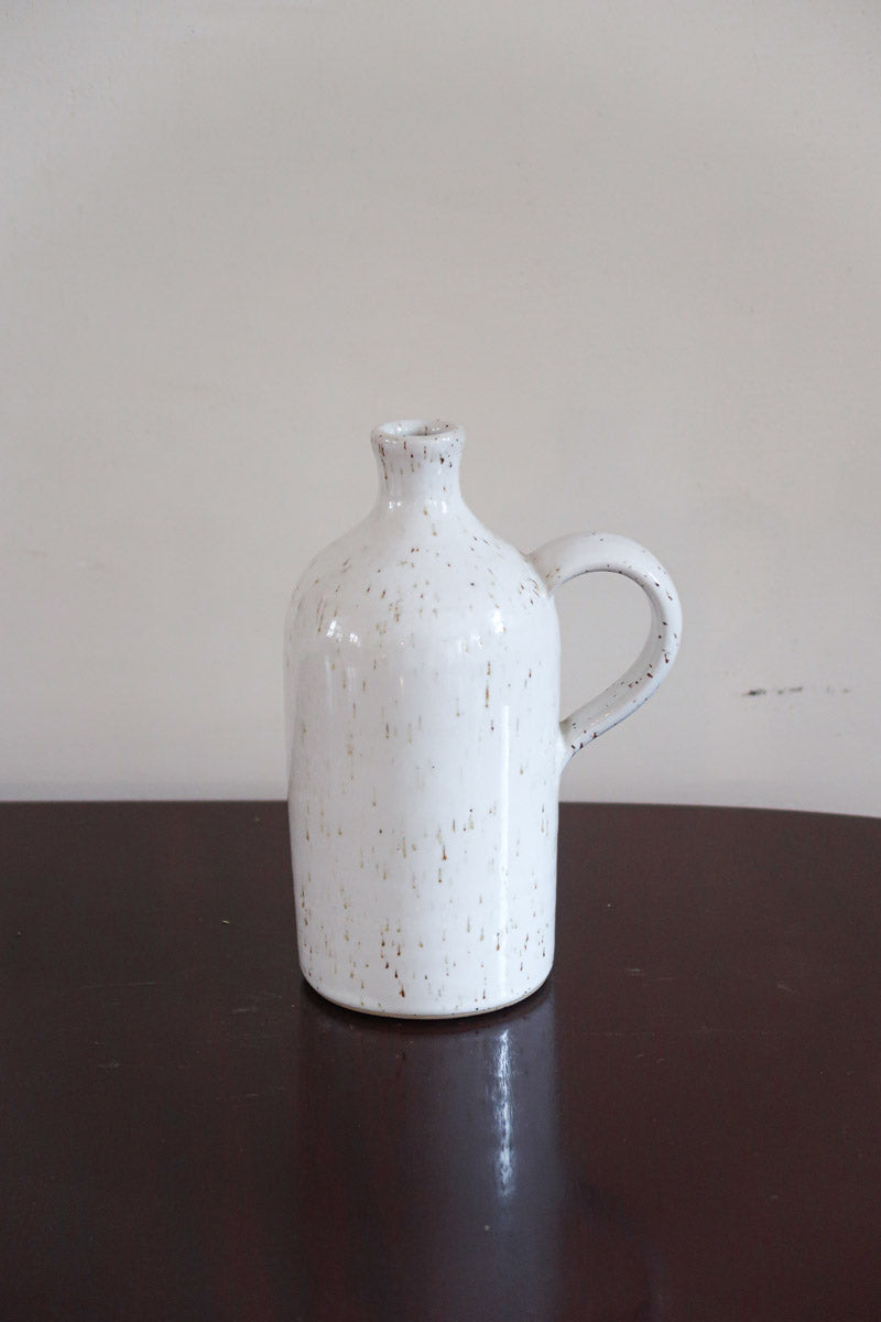Cruchon grès émaillé Graessel Potiers d'Alsace vintage, blanc cassé moucheté brun effet pierre, anse arrondie, signature gravée, artisanat alsacien