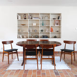 Ensemble 6 chaises scandinaves Farstrup teck années 60, dossiers teck courbé bandeau, structures bois clair, assises skaï noir refaites, danois mid-century