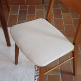 Ensemble 6 chaises scandinaves Farstrup teck années 60, dossiers teck courbé bandeau, structures bois clair, assises tissu bouclette écru refaites, danois mid-century