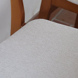 Ensemble 6 chaises scandinaves Farstrup teck années 60, dossiers teck courbé bandeau, structures bois clair, assises tissu bouclette écru refaites, danois mid-century
