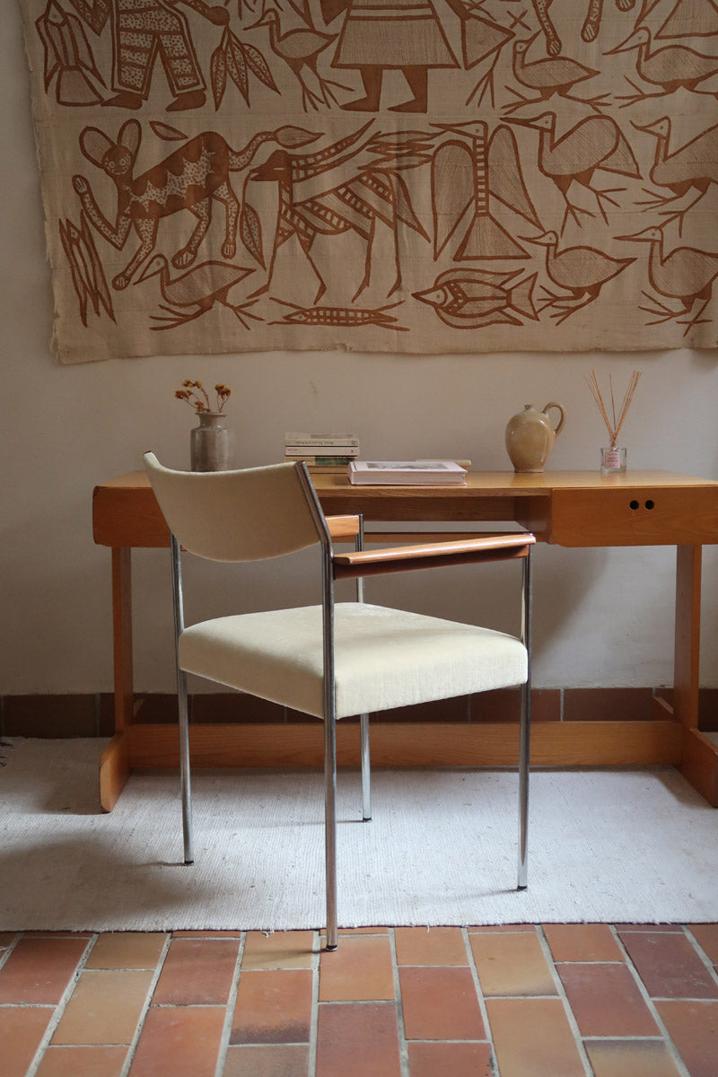 Fauteuil moderniste vintage en métal chromé et bois avec assise beige signé Noblef Bandixen pour Kusch & Co.