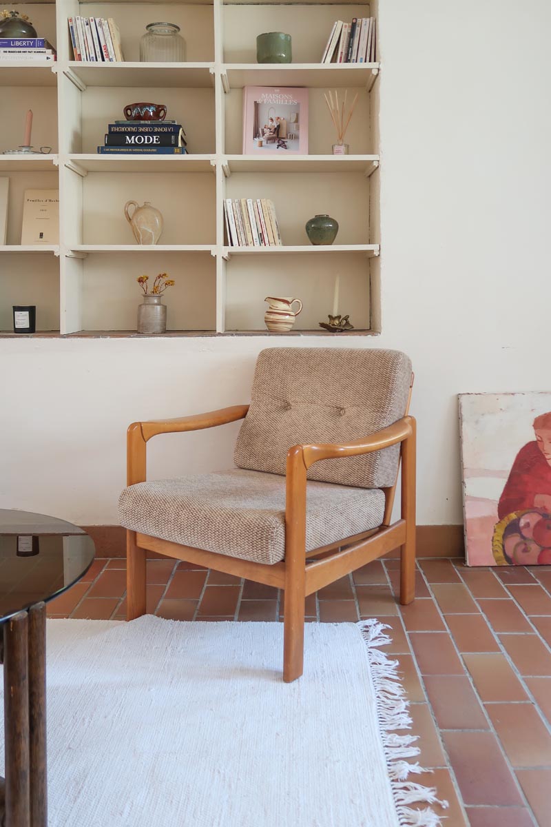 Fauteuil vintage allemand en hêtre et tissu beige 60's