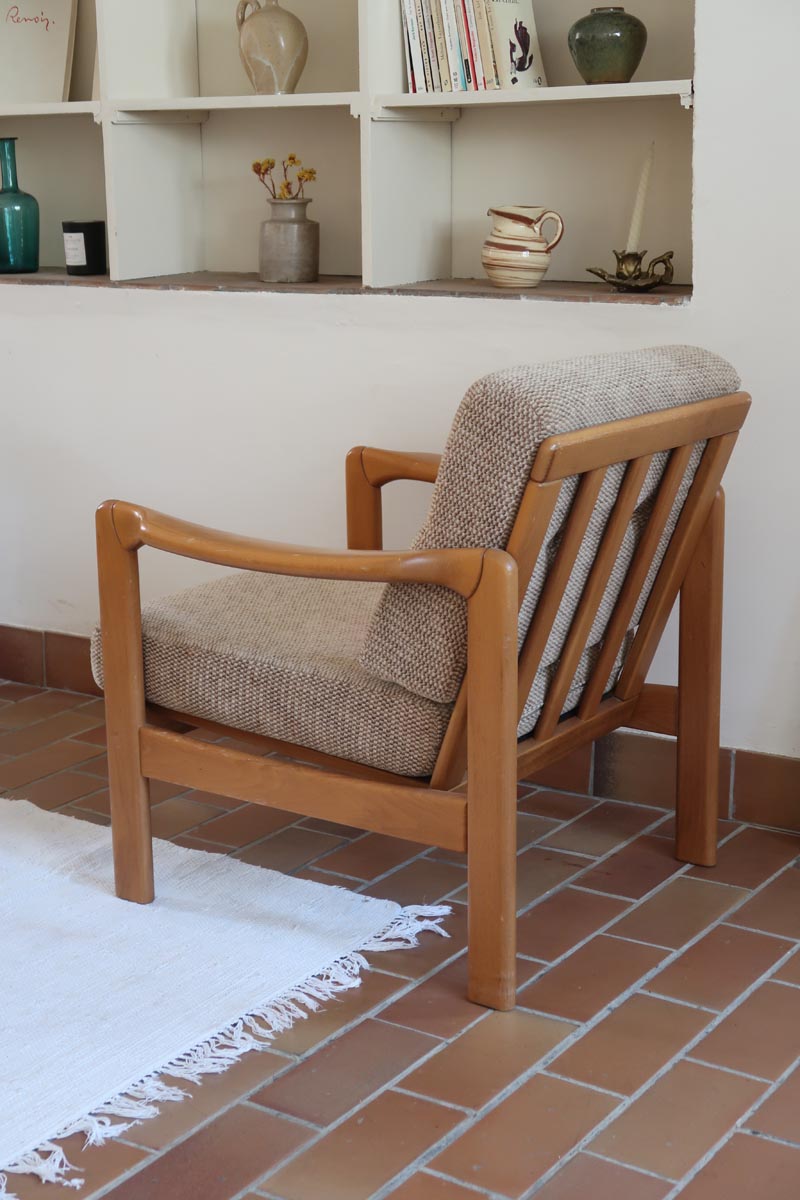 Fauteuil vintage allemand en hêtre et tissu beige 60's