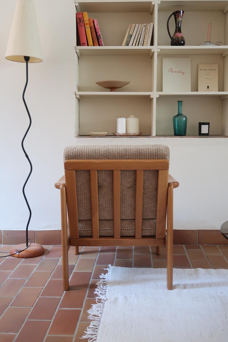 Fauteuil vintage allemand en hêtre et tissu beige 60's