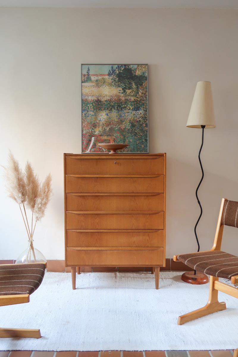 haute commode scandinave chêne clair danemark années 60 design nordique vintage