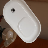 Lampe bureau chevet scandinave années 70, base métal laqué blanc, tige chrome, tête conique orientable blanche, style fonctionnalis