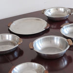 Service 6 pièces scandinave inox poli et teck années 60, grand plateau, bols et coupelle, anses teck demi-lune, art de la table danois mid-century