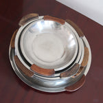 Service 6 pièces scandinave inox poli et teck années 60, grand plateau, bols et coupelle, anses teck demi-lune, art de la table danois mid-century