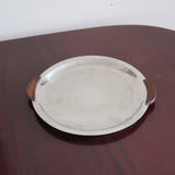 Service 6 pièces scandinave inox poli et teck années 60, grand plateau, bols et coupelle, anses teck demi-lune, art de la table danois mid-century