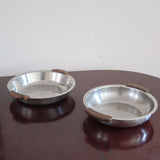 Service 6 pièces scandinave inox poli et teck années 60, grand plateau, bols et coupelle, anses teck demi-lune, art de la table danois mid-century