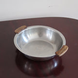 Service 6 pièces scandinave inox poli et teck années 60, grand plateau, bols et coupelle, anses teck demi-lune, art de la table danois mid-century