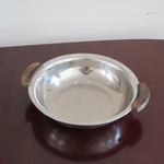 Service 6 pièces scandinave inox poli et teck années 60, grand plateau, bols et coupelle, anses teck demi-lune, art de la table danois mid-century