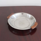 Service 6 pièces scandinave inox poli et teck années 60, grand plateau, bols et coupelle, anses teck demi-lune, art de la table danois mid-century