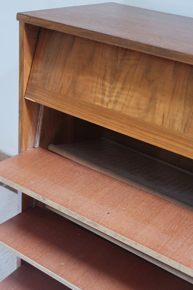 Meuble à chaussures vintage en bois des années 60 avec quatre portes abattantes et poignées carrées.