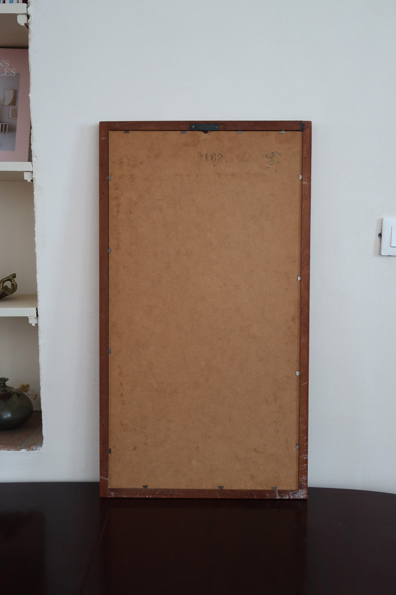 Miroir mural teck massif scandinave années 60, tenons chevillés visibles quatre angles, cadre droit, ébénisterie traditionnelle danoise mid-century